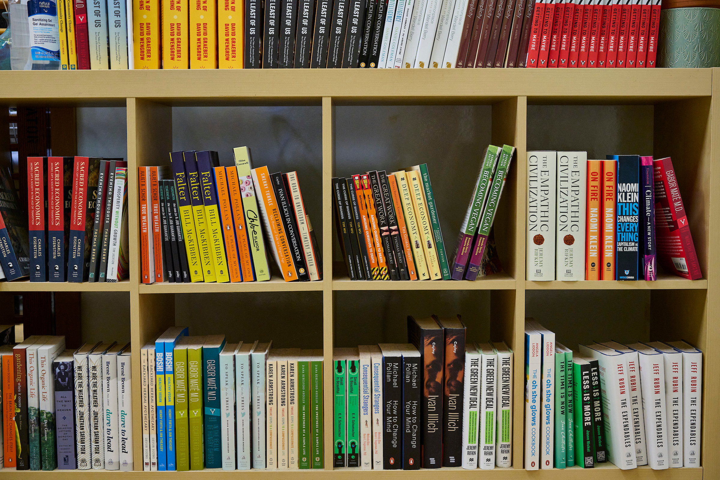 A selection of books on themes such as sustainability, ecological economics, and cultural disconnection displayed on bookshelves at The Working Centre administrative office in Kitchener, Ontario.