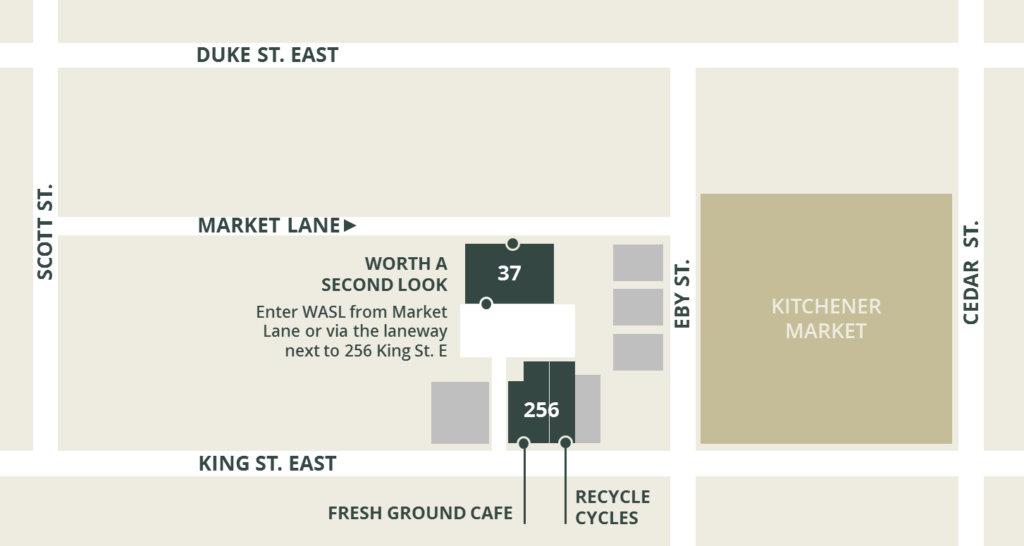 Map showing the location of 37 Market Lane, highlighting Worth a Second Look, and 256 King Street East, featuring Fresh Ground Café, alongside nearby landmarks like Recycle Cycles and Kitchener Market.