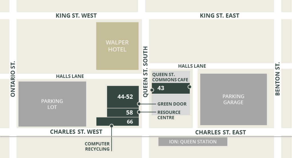 A map of downtown Kitchener with four key green locations highlighted: Queen St. Commons Café, Green Door, Resource Centre, and Computer Recycling.