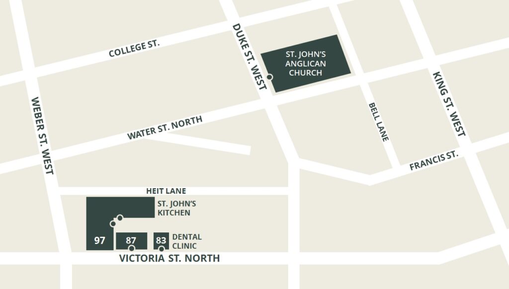 A map showing four locations in Kitchener: St. John's Kitchen at 97 Victoria St. North, St. John's Dental Clinic, Heit Lane, and St. John the Evangelist Anglican Church, along with surrounding streets such as Duke St., College St., and King St. West.