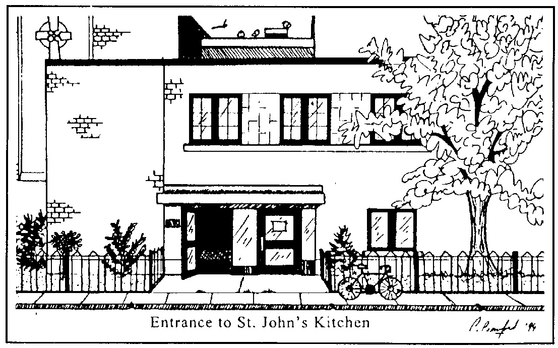 Drawing of the entrance to St. John’s Kitchen, featuring a tree and a bicycle in front of the building.