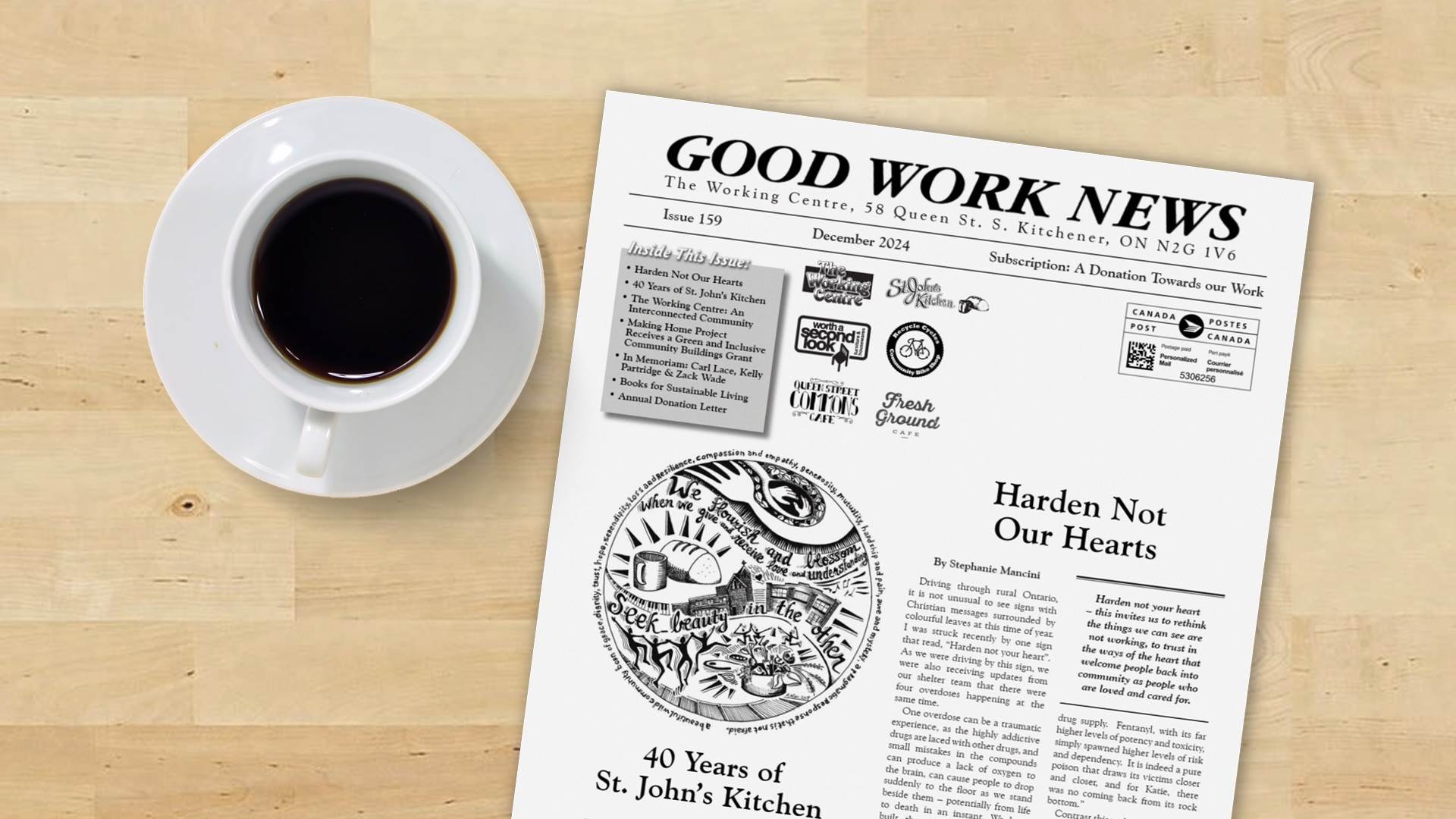 Picture of an Issue of Good Work News with a coffee cup.